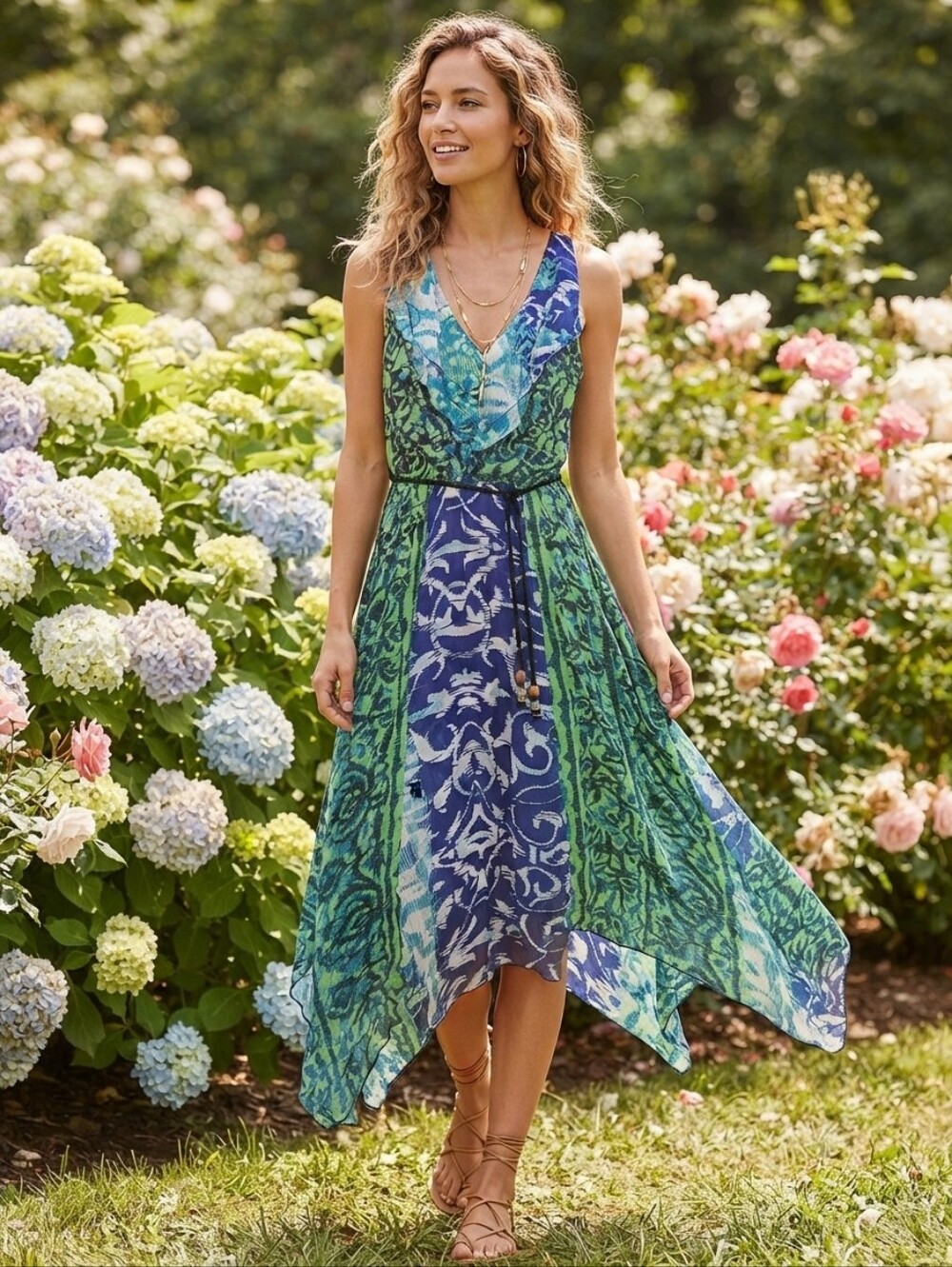 Rabbit Rabbit Designs Mixed Print Chiffon Asymmetrical Handkerchief Hem Dress 10